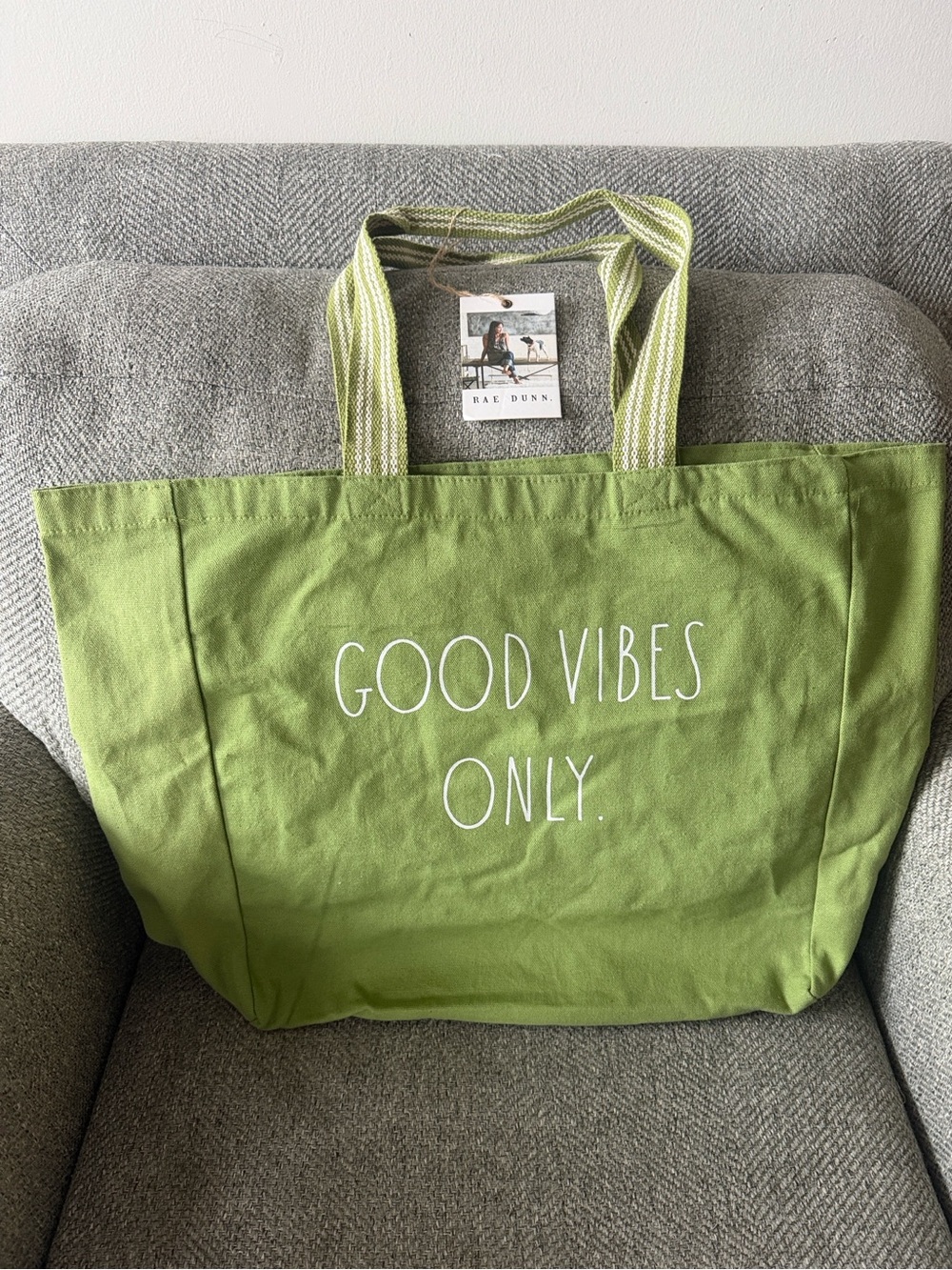 🔖 Rae Dunn XL Lime Green 'Good Vibes Only.' Canvas Tote Bag